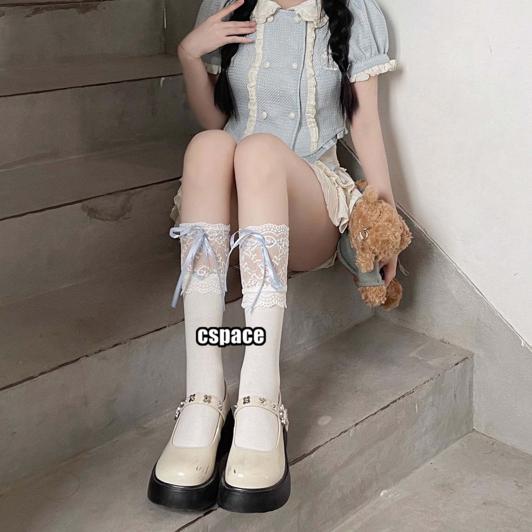 lolita甜美少女白色百搭花边小腿袜jk日系蕾丝边丝带蝴蝶结中筒袜 - 图3