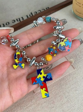 彩色拼图爱心十字架情侣小众简约气质个性百搭嘻哈项链吊坠男女潮