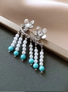 新款花开流苏珍珠耳钉小众设计花朵锆石耳坠百搭个性甜酷耳环耳钉