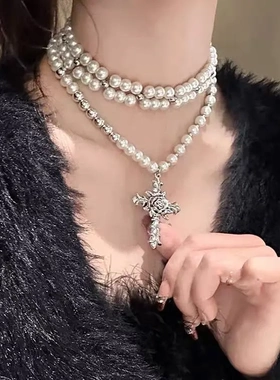 重工十字架原创珍珠项链小众设计辣妹锁骨多层叠戴choker颈链