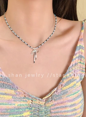 芭蕾~蓝色系串珠蝴蝶结项链纯欲风法式锁骨链显白高颜值颈链