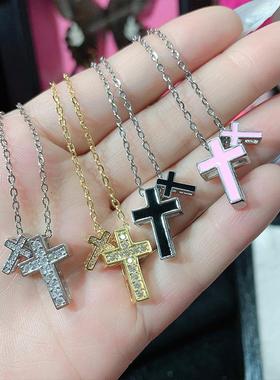 镶锆粉钻十字架项链吊坠朋克风潮人满钻饰品