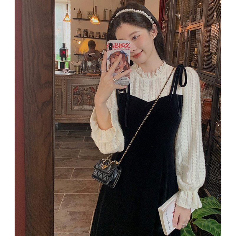 2021秋冬法式小众丝绒蕾丝连衣裙 俏旗蔓连衣裙