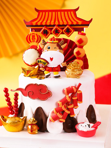 新年烘焙蛋糕装饰牛年快乐唐装牛软陶插件双面鼓灯笼鞭炮祥云插牌 - 图3