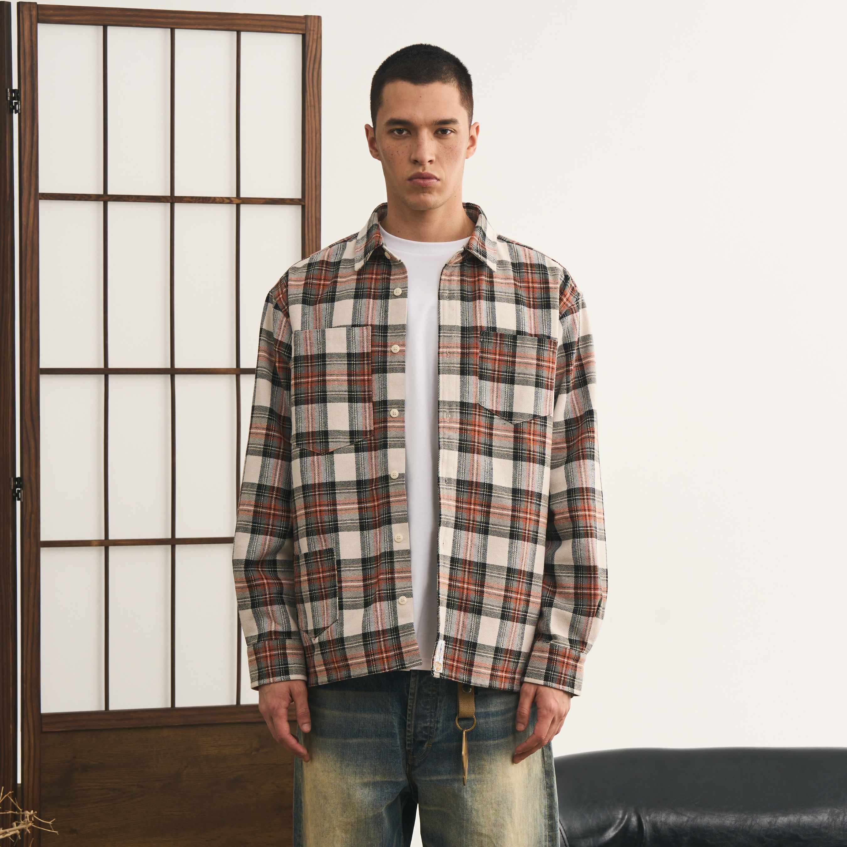 TIRES 24AW日系复古多口袋绒格子衬衫外套宽松休闲长袖厚衬衣男女 - 图0