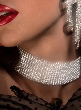 欧美跨境新款配饰个性简约项饰满钻时尚辣妹水钻项圈金属镶钻项链
