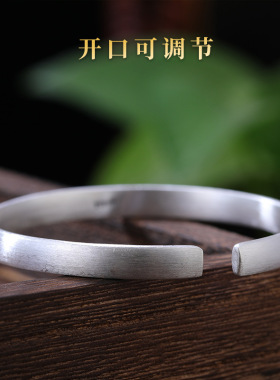 银手镯999足银仿古法琅低温烤蓝银叶莲花女士开口银手镯民族风