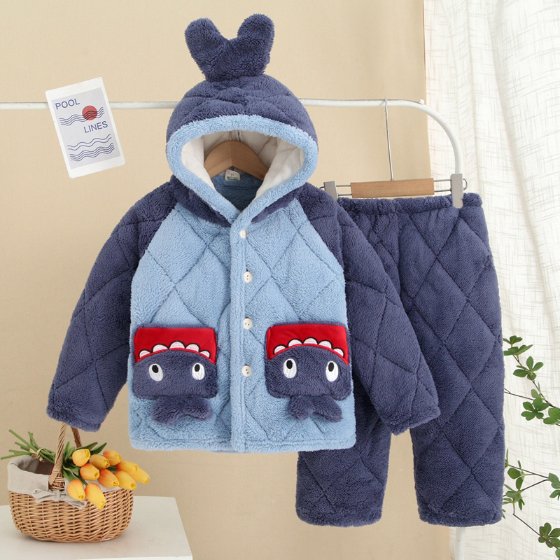 冬天女童法兰绒睡衣连帽儿童家居服保暖棉服三层夹棉加厚袄子外穿