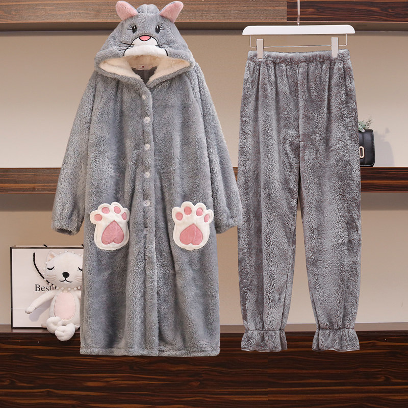 大码200斤珊瑚绒加肥宽松长款睡袍 夕照兰睡袍/浴袍