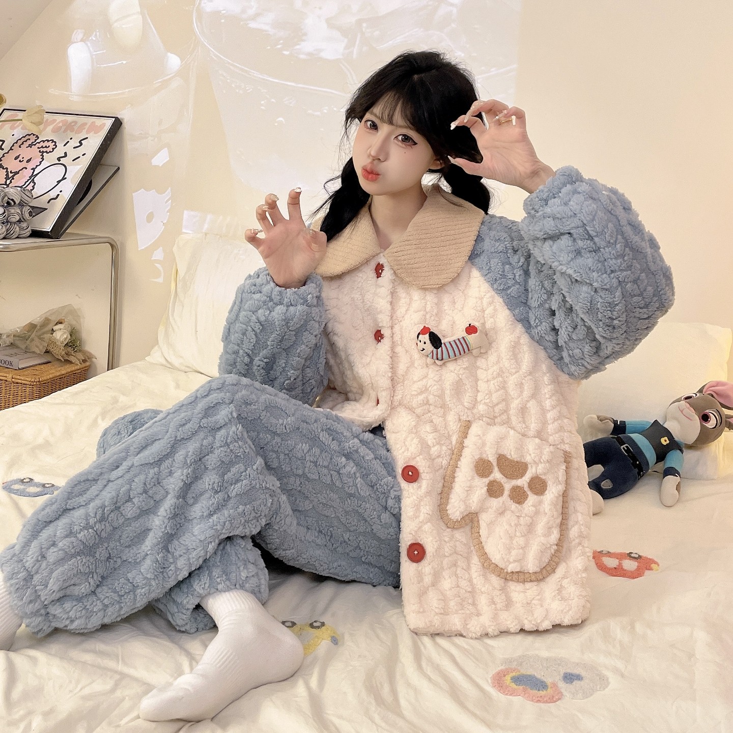 女士卡通睡衣珊瑚绒秋冬款加厚加绒开衫加大码宽松保暖家居服套装,淘宝优惠券,粉丝福利购,淘宝优惠卷