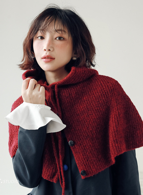 红色羊毛针织连帽披肩女秋冬保暖防风巴拉克拉法帽一体式外搭斗篷
