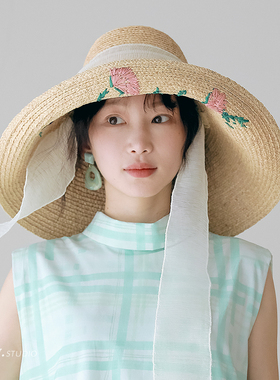 春夏女大檐拉菲草绣花防晒渔夫帽
