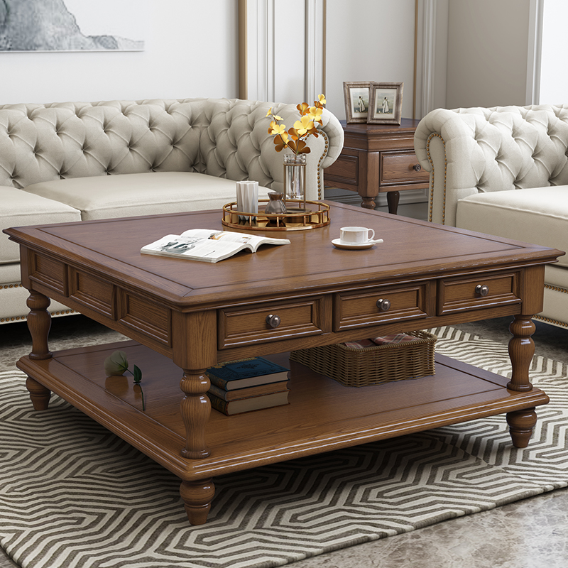 卡万利美式茶几实木正方形电视柜组合套装客厅小户型简约储物茶几