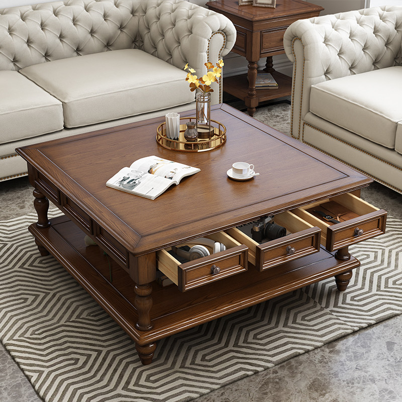 卡万利美式茶几实木正方形电视柜组合套装客厅小户型简约储物茶几