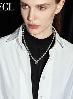 灰色人造珍珠项链女轻奢小众高级感爱心锁骨链春夏毛衣链配饰