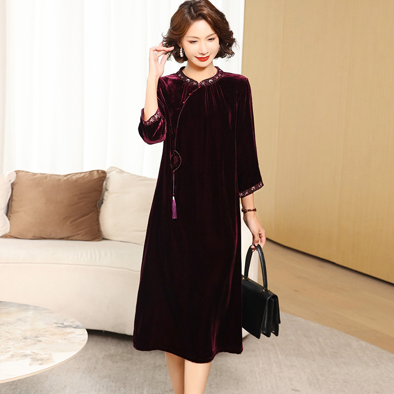 高级婚宴真丝丝绒连衣裙女喜婆婆桑蚕丝裙子妈妈装新中式气质春秋