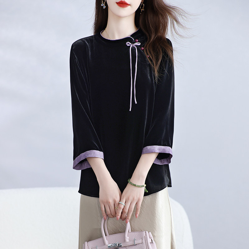 新款真丝丝绒上衣女七分袖桑蚕丝T恤新中式纯色遮肉显瘦外套春秋,淘宝优惠券,粉丝福利购,淘宝优惠卷