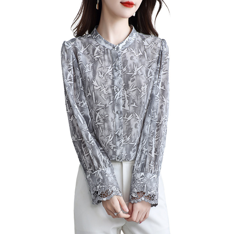 杭州真丝上衣女妈妈长袖水墨竹叶桑蚕丝国风衬衫洋气小众春秋小衫,淘宝优惠券,粉丝福利购,淘宝优惠卷