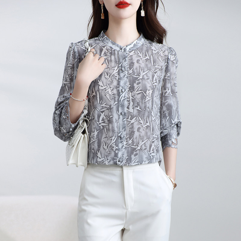 杭州真丝上衣女妈妈长袖水墨竹叶桑蚕丝国风衬衫洋气小众春秋小衫,淘宝优惠券,粉丝福利购,淘宝优惠卷