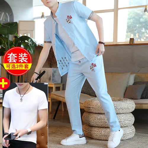 Летний комплект, кардиган, хлопковое ханьфу, из хлопка и льна, китайский стиль, с вышивкой, короткий рукав