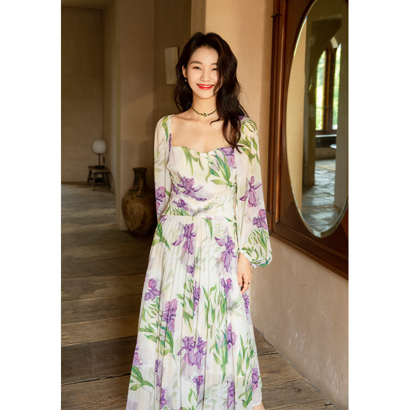 竹依依法式方领长袖度假印花裙女春夏长款收腰温柔紫色露背连衣裙,淘宝优惠券,粉丝福利购,淘宝优惠卷