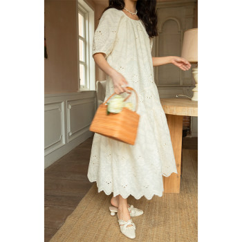 Zhuiyi French loose round neck puff sleeve A-line skirt long slim summer embroidered white lace dress for women
