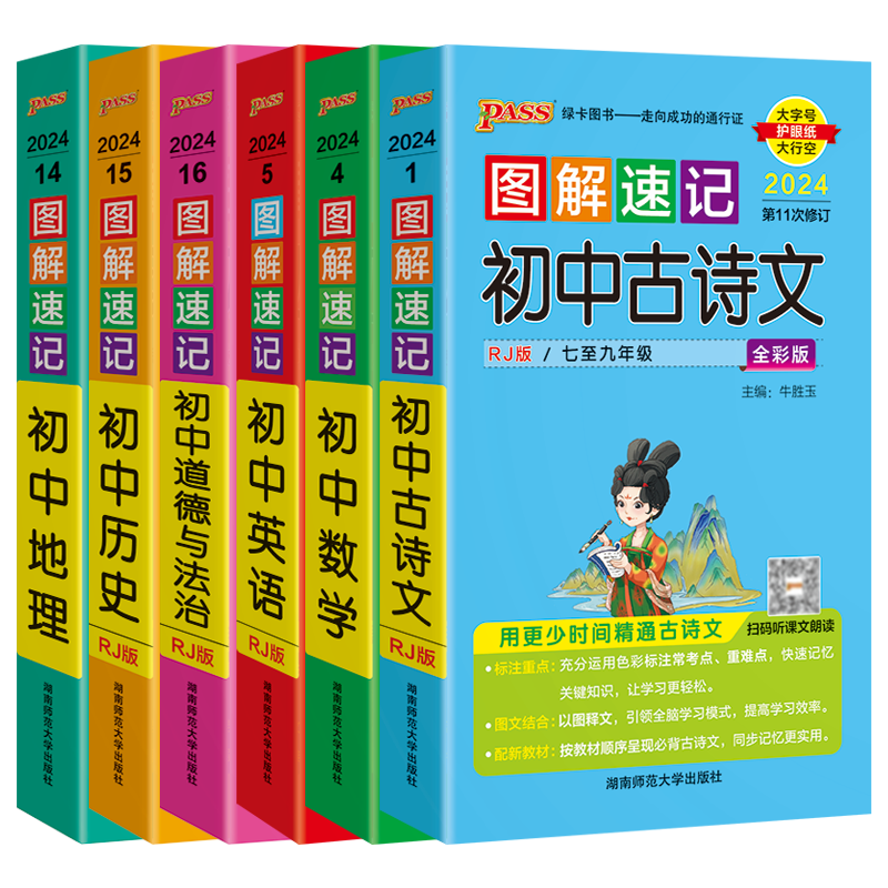 2024适用6本pass绿卡图解速记初中古诗文数学英语道德与法治历史地理人教版思维导图七八九年级上下册中考基础知识大全解读速查辅
