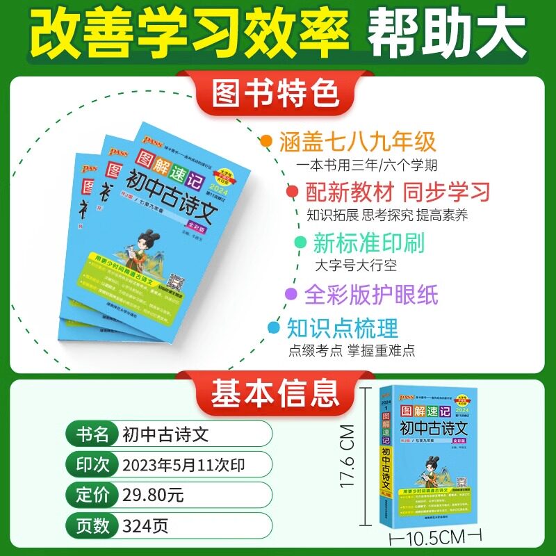 2024适用6本pass绿卡图解速记初中古诗文数学英语道德与法治历史地理人教版思维导图七八九年级上下册中考基础知识大全解读速查辅