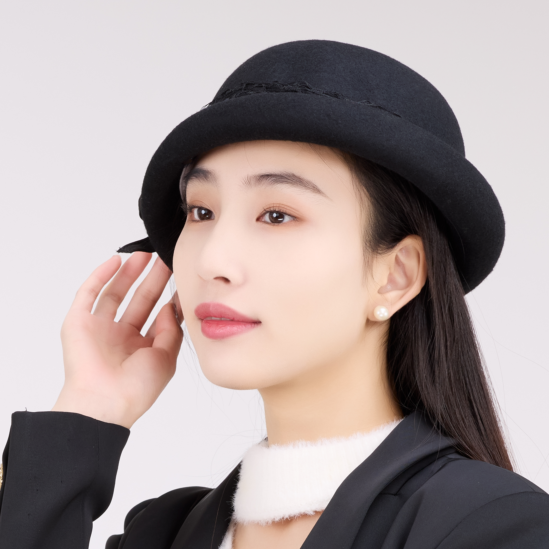 薇枫  蝴蝶结羊毛毡贝雷帽女冬季英伦复古卷边礼帽短檐法式公主帽