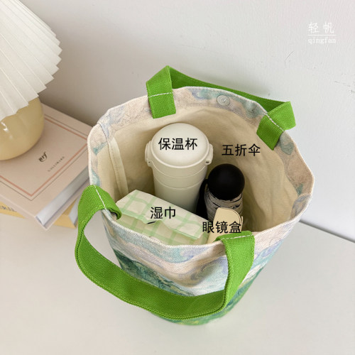轻帆@梵高星空向日葵油画印花手拎包遛弯包文艺帆布包logo定制 - 图3