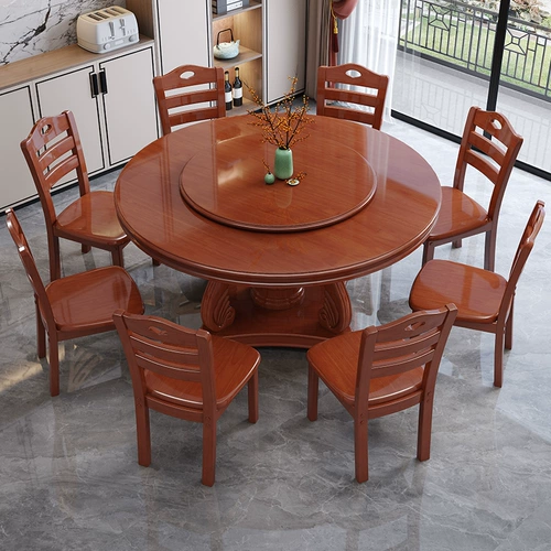 Обеденный стол и стул с твердым деревом 2025 Новый гостиничный круглый обеденный стол 10 человек. Домостокий обеденный стол большой круглый столик с вращающимся поворотным столом