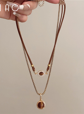 秋冬美拉德色系双层叠戴虎眼石镶钻锁骨链 轻奢小众高级感颈链女