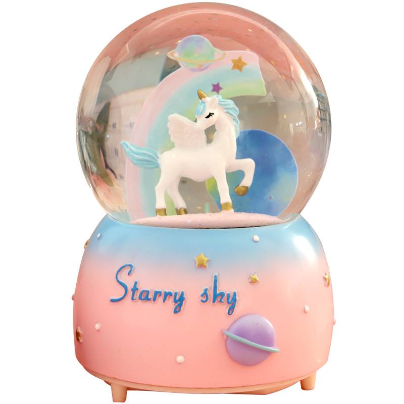梦幻独角兽水晶球飘雪花发光八音盒女生生日礼物儿童玻璃球水晶球