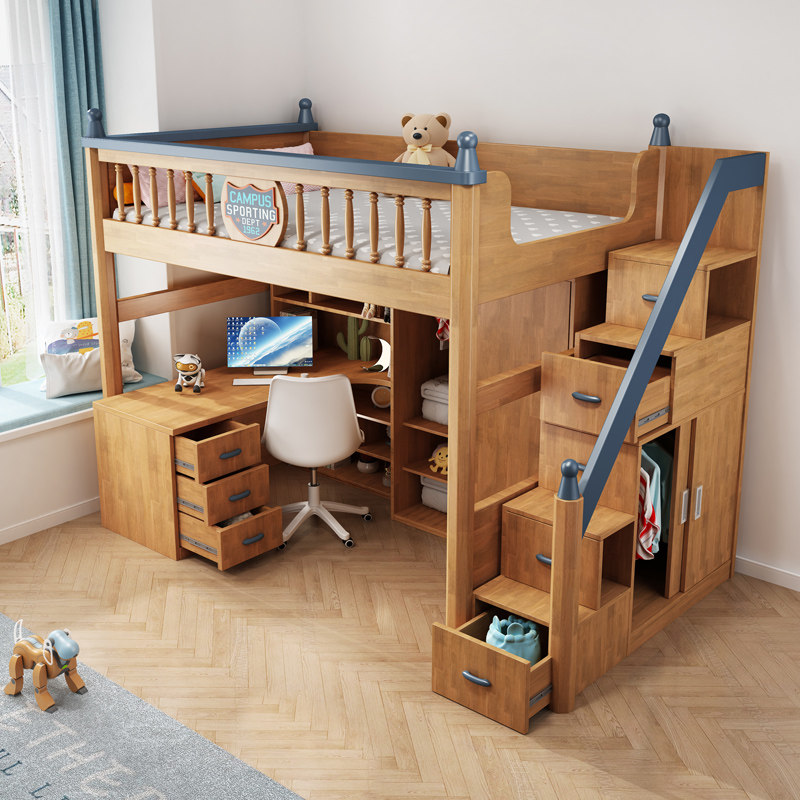 上床下桌儿童床书桌一体高低床小户型上下铺双层床带衣柜省空间_虎窝淘