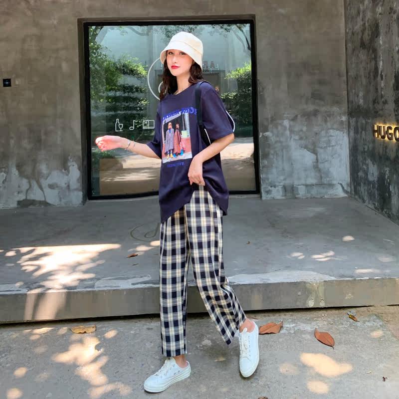 孕妇格子春秋季新款外穿直筒裤子 布衣妈咪孕妇直筒裤