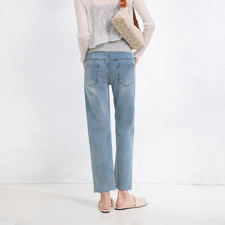 孕妇直筒九分春秋季浅蓝色牛仔裤 布衣妈咪孕妇阔腿裤