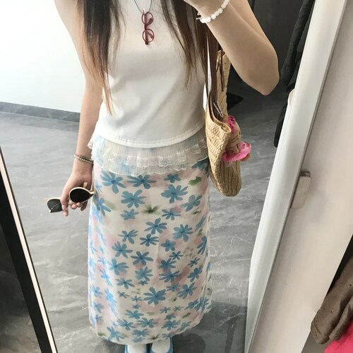 【发财欧尼fortunee~】蓝色碎花雪纺半身裙夏季修身显瘦鱼尾裙女 - 图0