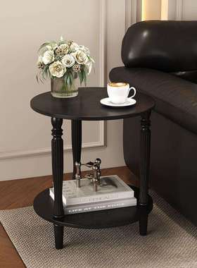 美式双层实木床头柜中古小型沙发边柜圆形角几客厅卧室茶几小桌子