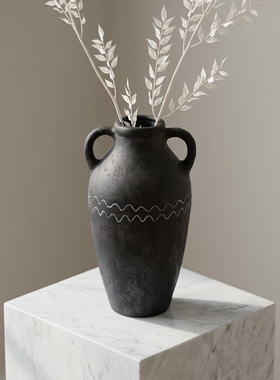 简约双耳陶瓷花瓶黑色摆件