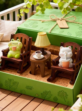 手工木质青蛙猫咪摇椅茶几摆件