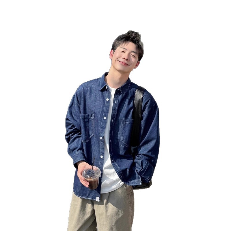 少年感深蓝色牛仔衬衫男长袖宽松复古日系慵懒松弛感穿搭衬衣外套 - 图3