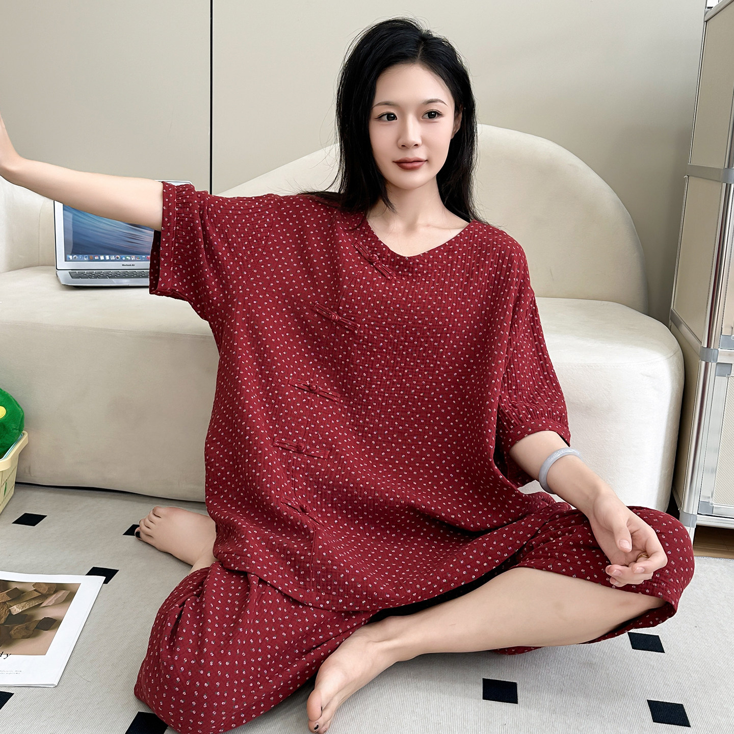 新中式夏季睡衣女大码200斤胖mm双层棉纱国风盘扣短袖家居服套装,淘宝优惠券,粉丝福利购,淘宝优惠卷