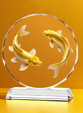 黄金双锦鲤高档水晶摆件商务送礼