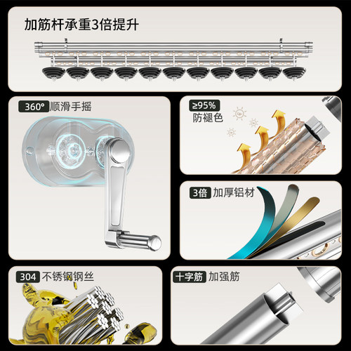 升降晾衣架手摇式阳台晾衣杆双杆家用自动晒衣架折叠晒被神器顶装 - 图1