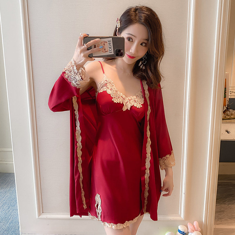 性感夏季冰丝红色私房蕾丝吊带睡裙 桃仙姬睡裙