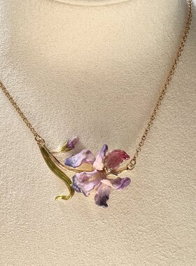 原创设计粉紫色鸢尾花珐琅项链锁骨链精致高雅送女友手绘清新浪漫