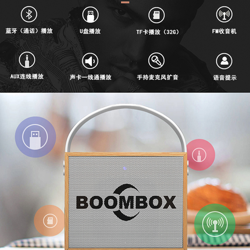 手提户外蓝牙音箱大音量超大重低音炮迷你K歌带麦克风小音响插U盘3D环绕音质好便携式高颜值无线木质涂鸦家用-图2