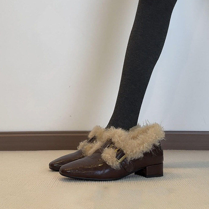 软皮版法式加绒保暖毛毛单鞋女2025一脚蹬棉鞋方头粗跟通勤小皮鞋,淘宝优惠券,粉丝福利购,淘宝优惠卷