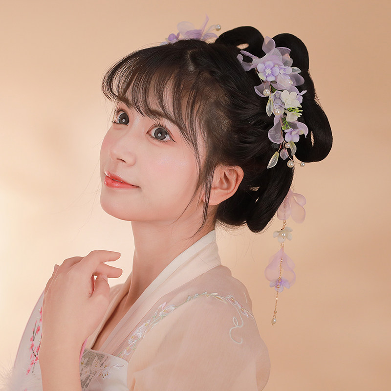 汉服头饰古风配饰紫色绢花对夹发簪流苏步摇侧边夹宋制古装发饰女_虎窝淘