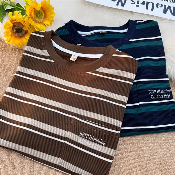 Retro spliced ​​striped short-sleeved loose T-shirt for men and women, trendy and versatile pocket T-shirt half-sleeved tops